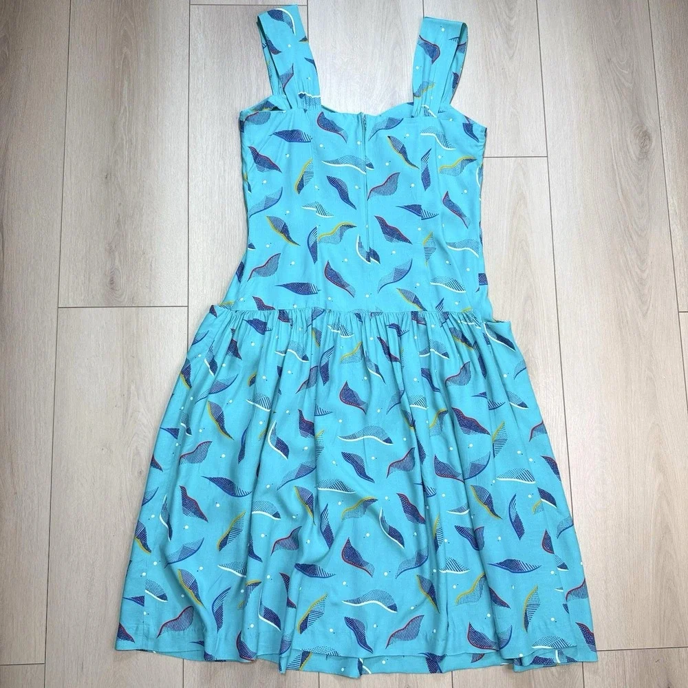 VTG Jones New York Dress Womens 16 Turquoise Abstract Midi Sundress 80s USA MCM!